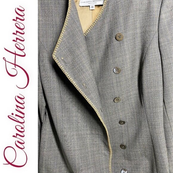 CAROLINA HERRERA Elegant Wool Micro Plaid Collarless Gray Blazer, Size 10 - Picture 9 of 12